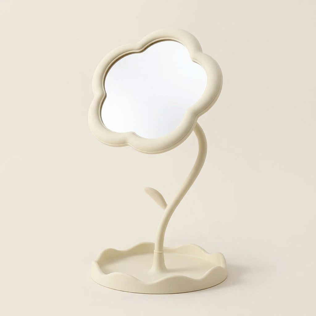 Miorumi Ritual Mirror: white flower-shaped tabletop mirror on a pale background