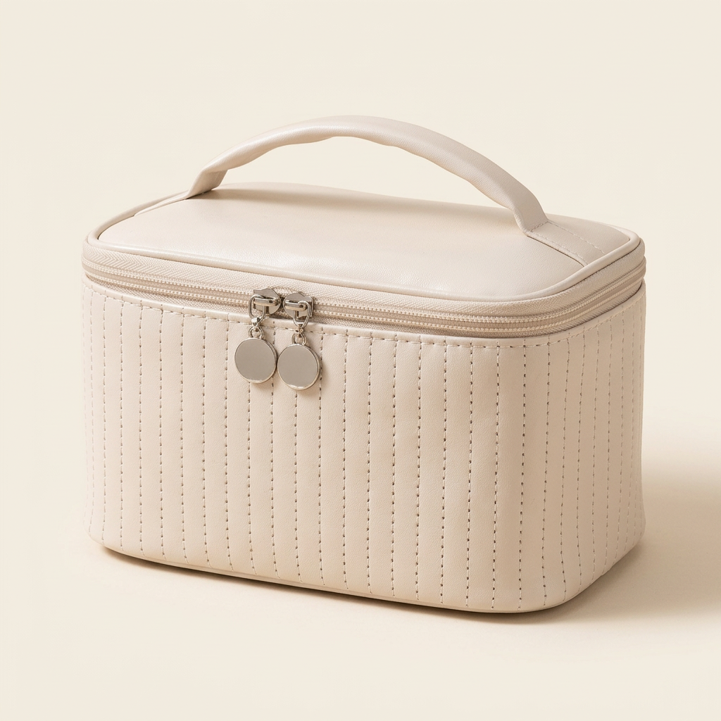 Miorumi Ritual Case in Beige, zipped cosmetic bag with carry handle on a warm neutral background