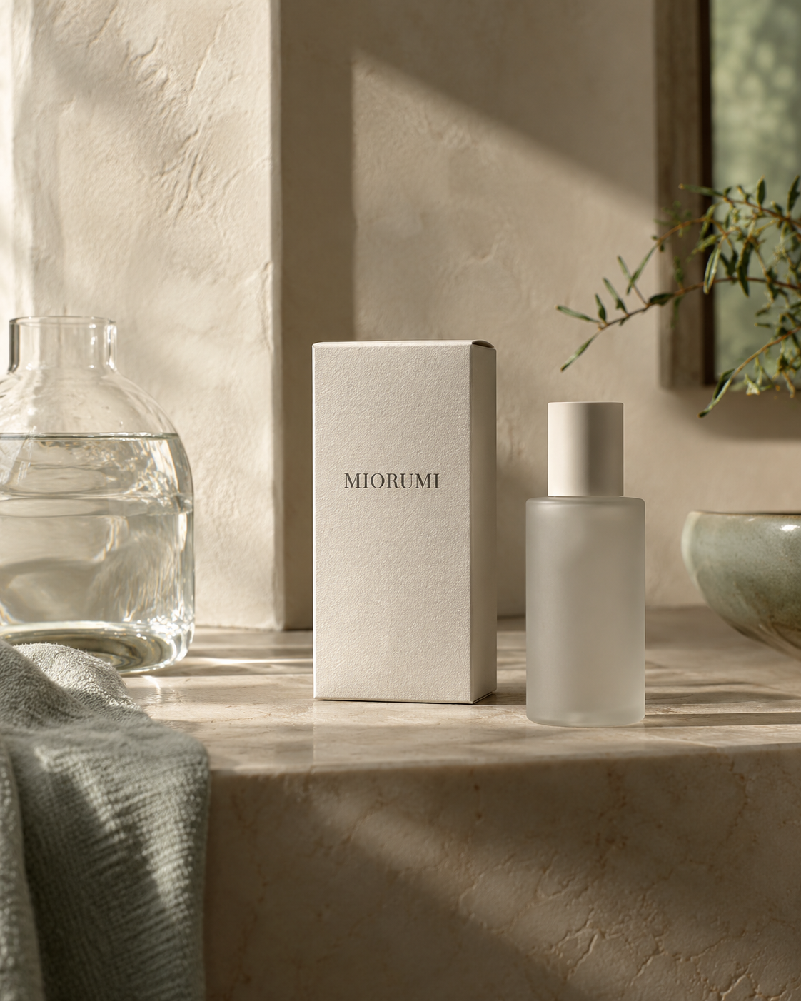 Miorumi packaging design concept on a warm bathroom shelf